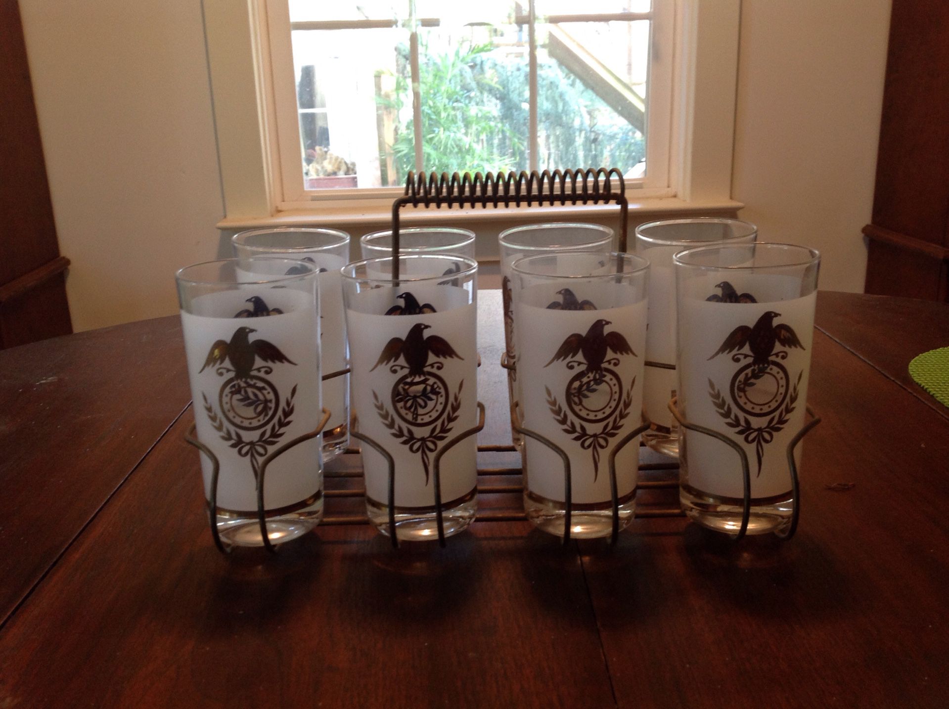 Vintage Libbey Frosted American Eagle Drinking/Highball Glasses with Carrier