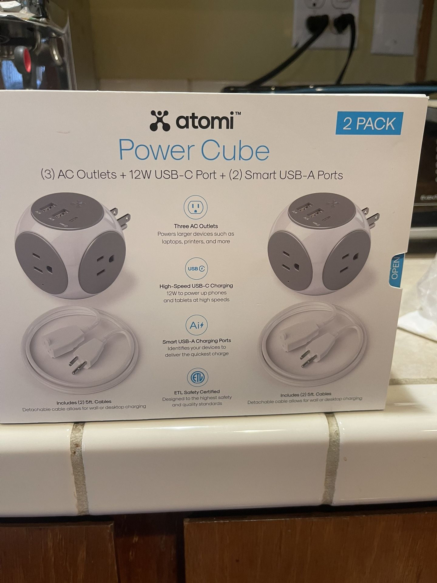 Atomi Power Cube 2-Pack – 3AC Outlets + 3 Smart USB Ports + 5-ft. Cable