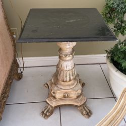 Black Marble Top Ornate Wood Base End Accent Table