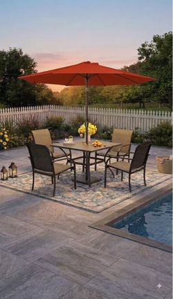 Free Umbrellas Vicllax 5 Pieces Outdoor Dining Set, 37.8" Square Metal Table and Stackable Sling Chairs