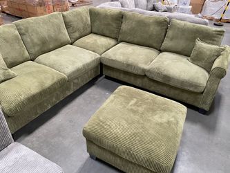 New! Plush green Sectional, Sectional And Storage Ottoman, Sectionals, Sofa, Couch, sage Couch, avocado Couch, Corduroy Sectional, Green Sofa Dimensio
