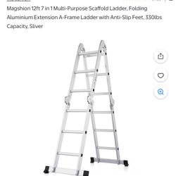 12ft 7 in 1 Multi-Purpose Scaffold Ladder, Folding Aluminium Extension A-Frame Ladder with Anti-Slip Feet, 330lbs Capacity, Sliver