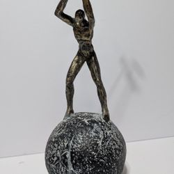 14.5" crafted Ceramic Sculpture – Man with Hammer Standing on Textured Sphere