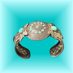 Vintage 1970s Southwest Silvertone Ornate Cuff Bracelet Turquoise Howlite Stones