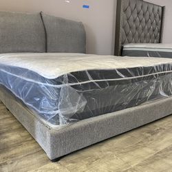 QUEEN SIZE PUFFY PILLOW BED FRAME WITH MATTRESS AND DELIVERY $375!  YOU DONT PAY UNTIL WE DELIVER!  $425 with 14 inch pillow top !!!  Pillows on headb