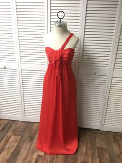 Floor length gown/dress, coral/orange, pleated top, one shoulder