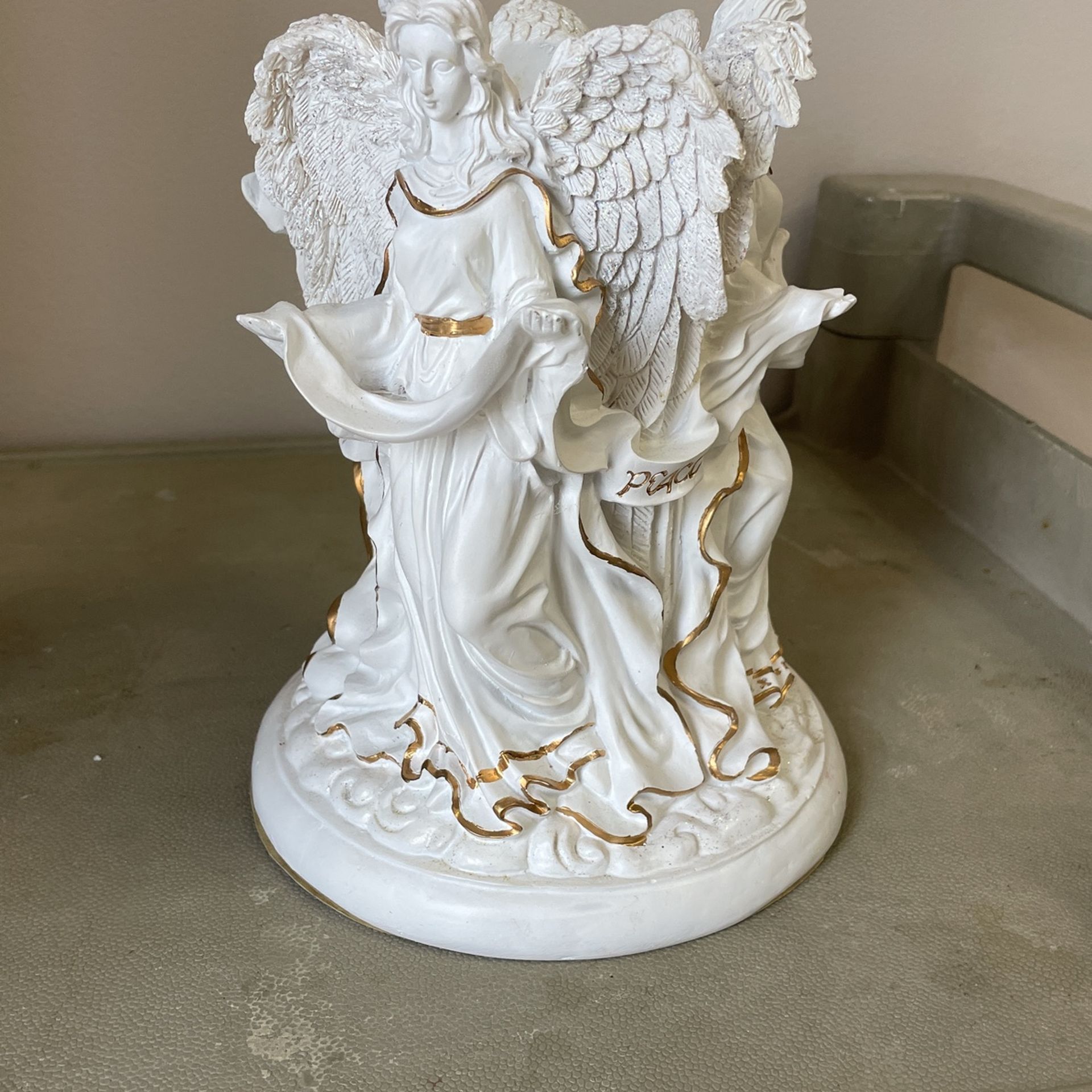 White Glitter Angels Love Joy Peace Pillar Candle Holder