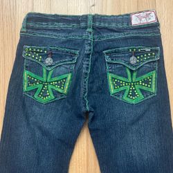 Laguna Beach Jeans Green Rhinestone & Stitched Flap Pocket Size 28