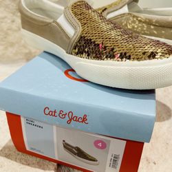 New Cat & Jack Aliki Gold Pink Sequins Faux Leather Sneakers Kids 4 Or Women’s 7