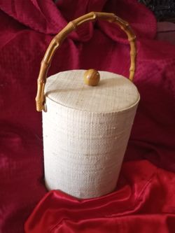 Vintage Grass Cloth Ice Bucket. W/Tongues
