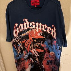 Godspeed New York graphic T-shirt with a skeleton baseball player graphic.  