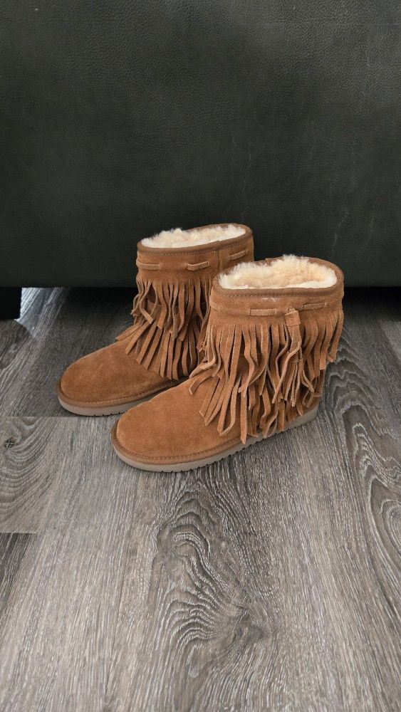 Koolaburra Brown Fringe High Top Boots Suede Chestnut Cozy Winter Boot Women