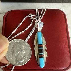 Vintage 925 Sterling Silver, Native Am. NaturalTurquoise, Coral & Black Onyx Feather Necklace, Hallmarked W/ Arrow Sterling, 20in 925 Chain 