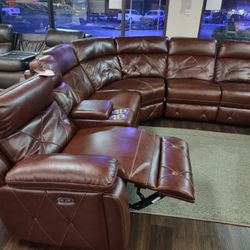 New 6pc Top Grain Genuine Leather Sectional Sofa With Three Power Recliners And Three Power Headrests 
