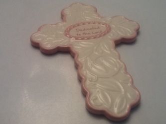 Pretty pink in white ceramic wall cross , On This Special Day! Dedicated To The Lord : For Baby's Room.