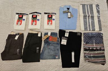 Brand New Men's Clothing Bundle – Levi’s Jeans, Dress Pants, Hollister Chinos, Hanes Undershirts & More – $70