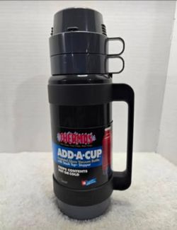 Vintage 1992 Thermos Add A Cup Insulated Glass Vacuum Bottle w/2 Cups 1 Qt.