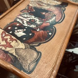 Handmade Unique One If A Kind Hand Carved And Fitted Western Cowboy Boot Tray Wood