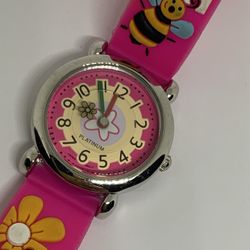 Geneva Kids Bee Flower Pink Wrist Watch Quartz 27mm Case Silver Tone Running -Shipping Only
