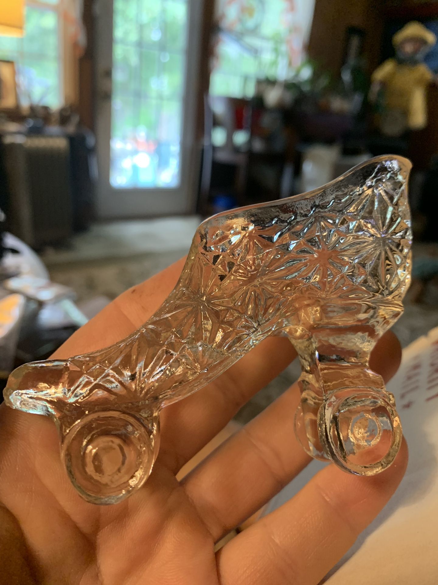 Antique cut glass roller skate shoe