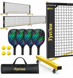 Pickleball Net Set 11FT 22FT Portable Wheels 4 Paddles 4 Balls Carry Bag