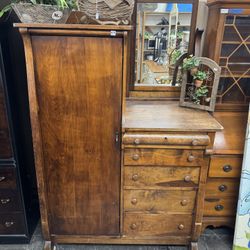 Vintage Solid Wood Wardrobe With Mirror, Closet Dresser 