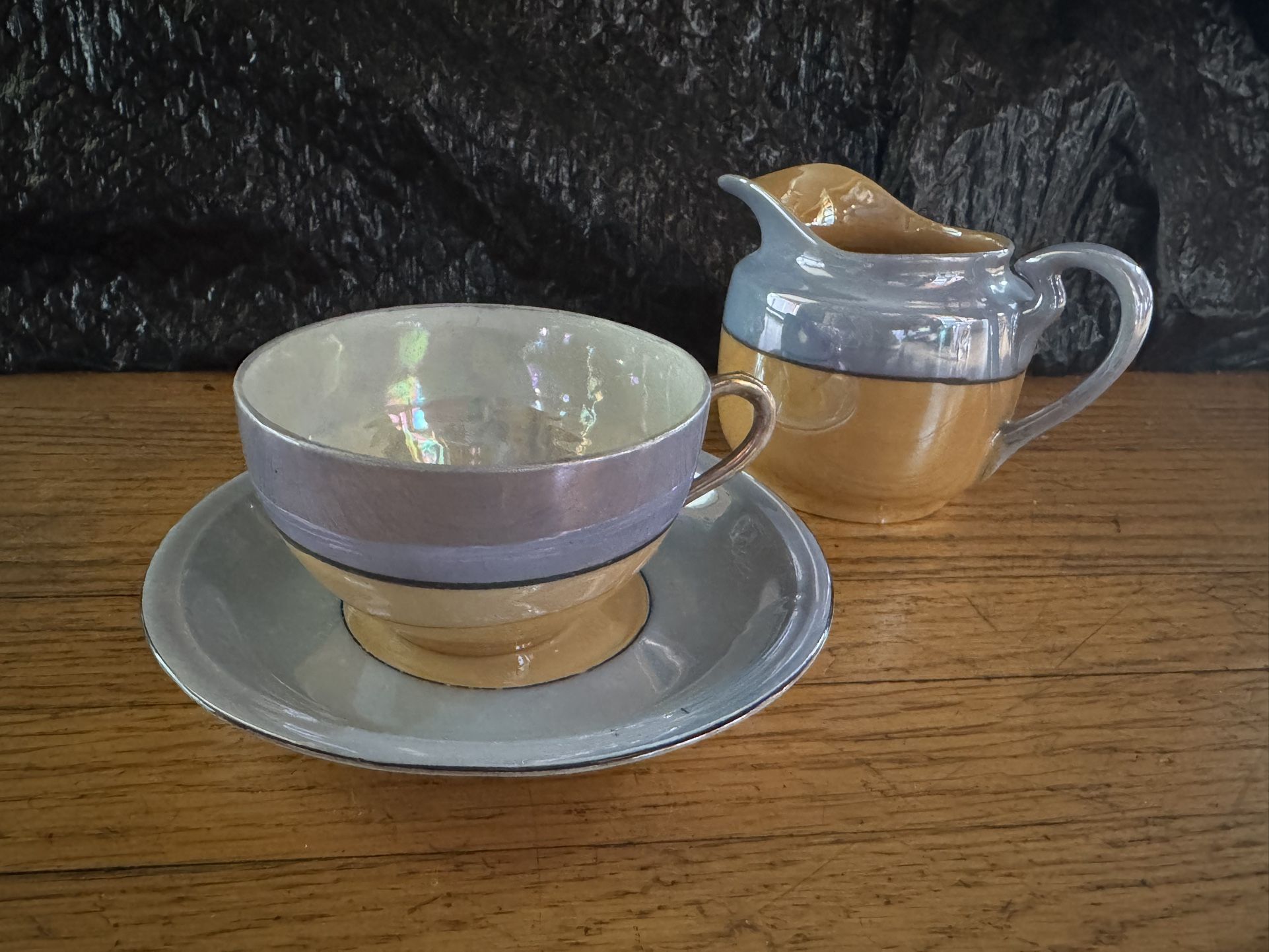 Antique Porcelain Lustreware Tea Cup Saucer & Creamer