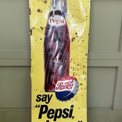 Vintage Pepsi Cola Vertical Tin Litho Bottle Advertising Sign