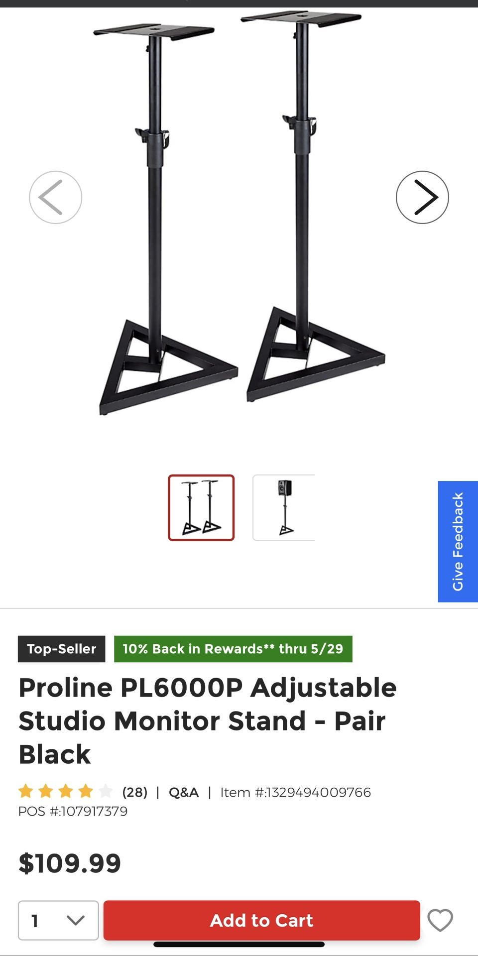 Proline PL6000P Adjustable Studio Monitor Stand - Pair Black