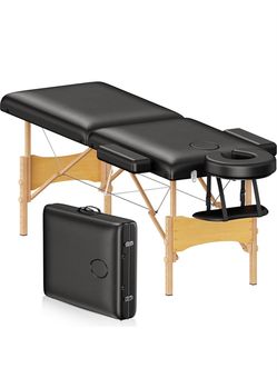 Massage Table Portable Wooden Lash Bed 2-Fold Tattoo Bed, Black Massage Bed Adjustable Height, Beech Wood, 490Lbs Load Capacity, Portable Esthetician 