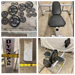 Olympic Weight Plates (Pairs) 45, 35, 25, 10, (2) 5, 2 1/2lb. 255lbs plus Bar. Same price for weights and Bar Only. Bench, No leg or incline. Bench wi
