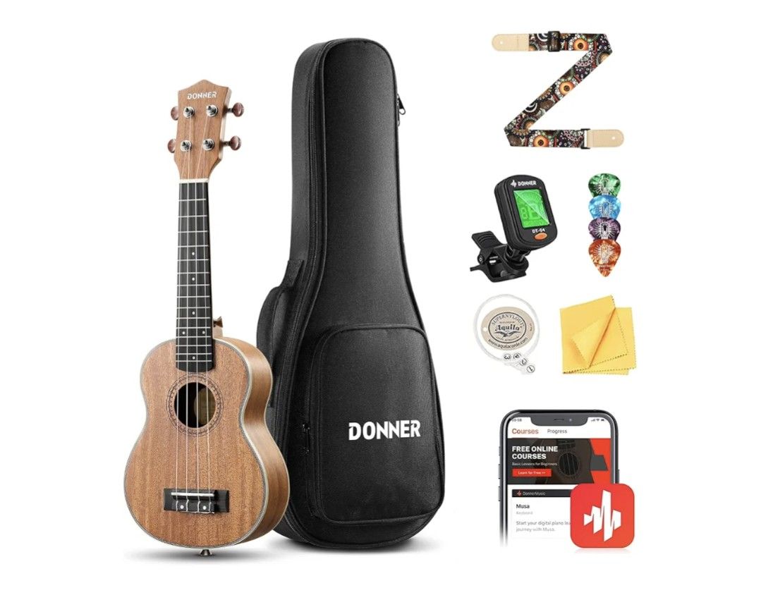 Donner Soprano Ukulele Mahogany Wood 21 inch Ukelele Beginner Kit with Free Online Lesson Gig Bag Strap Nylon String Tuner Picks Ukalalee Yukalalee Bu