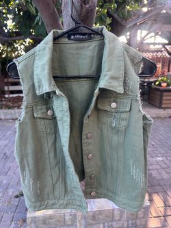 Size M Allegra K Olive Green Distressed Denim Vest