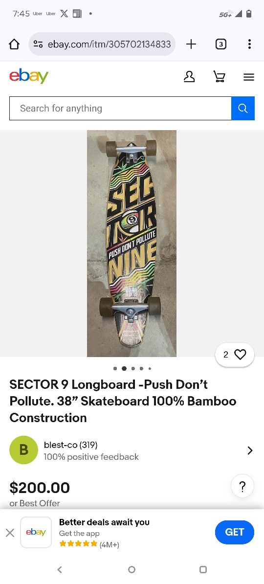 Sector Nine Longboard PUSH DONT POLUTE 100% Bamboo Construction 