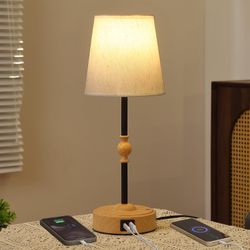 Bedside Table Lamp USB-C & USB-A Charging Ports Linen Shade Wood Look Base NEW