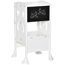 Qaba Kids Foldable Kitchen Step Stool with Chalkboard and Lockable Handrail for Children 3-6 Years Old, White