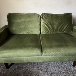 Green 2-Seater Sofa – Mid-Century Style Wood Legs – $125