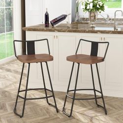 30" Swivel Barstools with Backs Metal Bar Stools Set of 2 Industrial Bar Height Stools with Wooden Seat Matte Black
