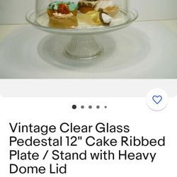 Vintage Clear Glass 12" Cake Ribbed Plate W Lid