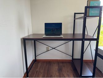 Computer Desk with 3-Tier Bookshelf Tower — Tangkula, Teak (47.5″W)