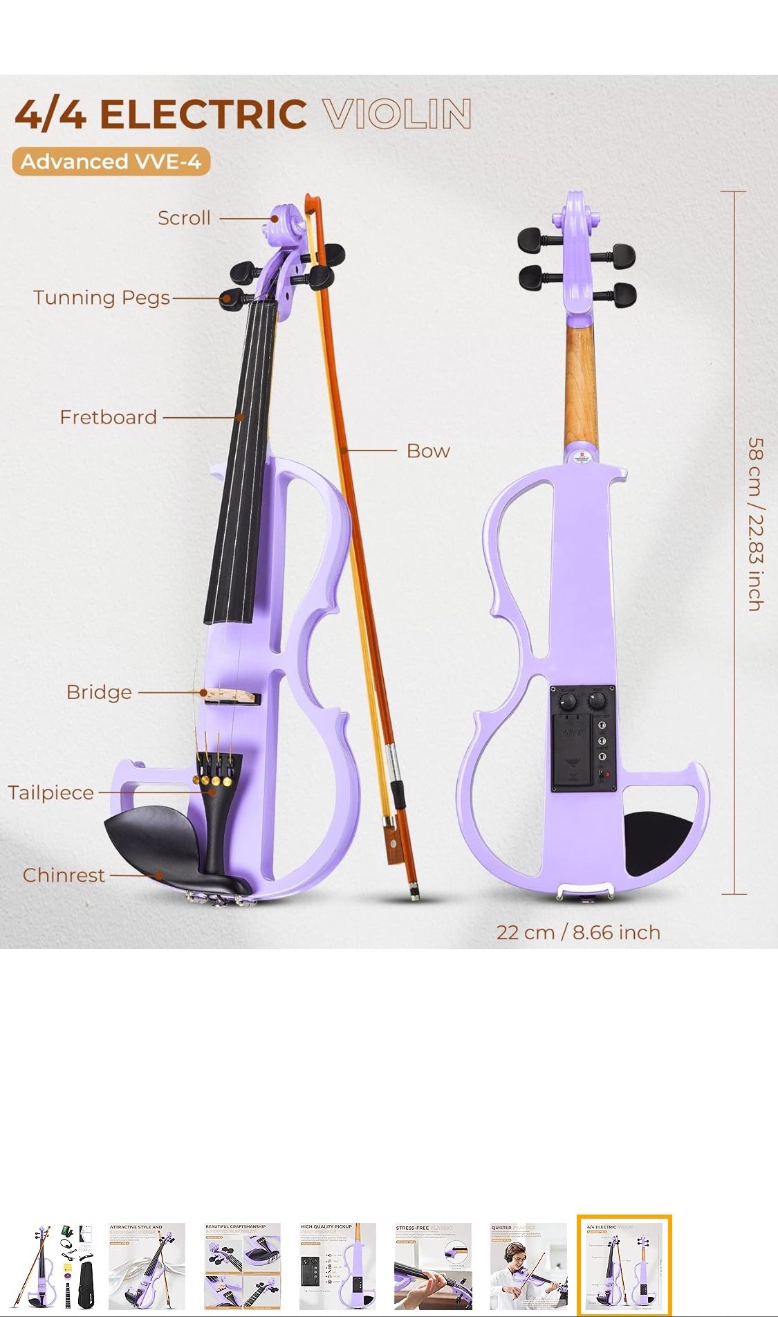 Vangoa Electric Violin 4/4 Full Size Silent Violin Set for Beginner Adults