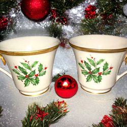 Set of 2 Lenox Holly Holiday Teacups , Vintage Christmas Dimension Collection, Made in USA