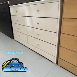 New White Wood 8 Drawer Dresser w/ Diamond Knobs 