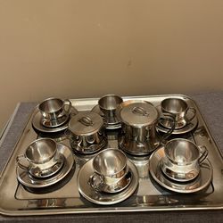 Set of 6 espresso cup and saucers, large tray and sugar and milk canisters. Made in Italy, 18/10 stainless steel, double walled, coffee cups. 