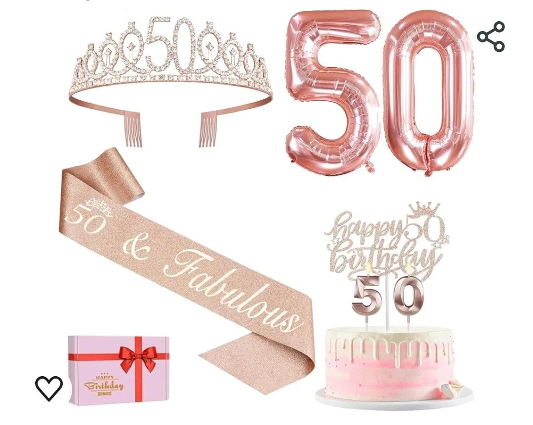 50th Birthday Decorations Women, Include 50th Birthday Sash and Tiara, Birthday Cake Topper and Number 50 Candles, Balloons, Birthday Card, 50th Birth
