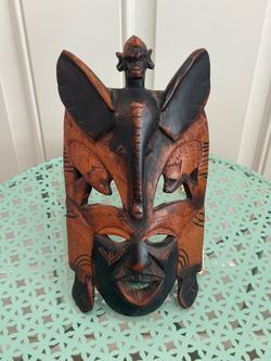 Vintage African Hand-Carved Wooden Face Mask w/Animal Motifs