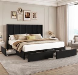 Black upholstered queen bed frame