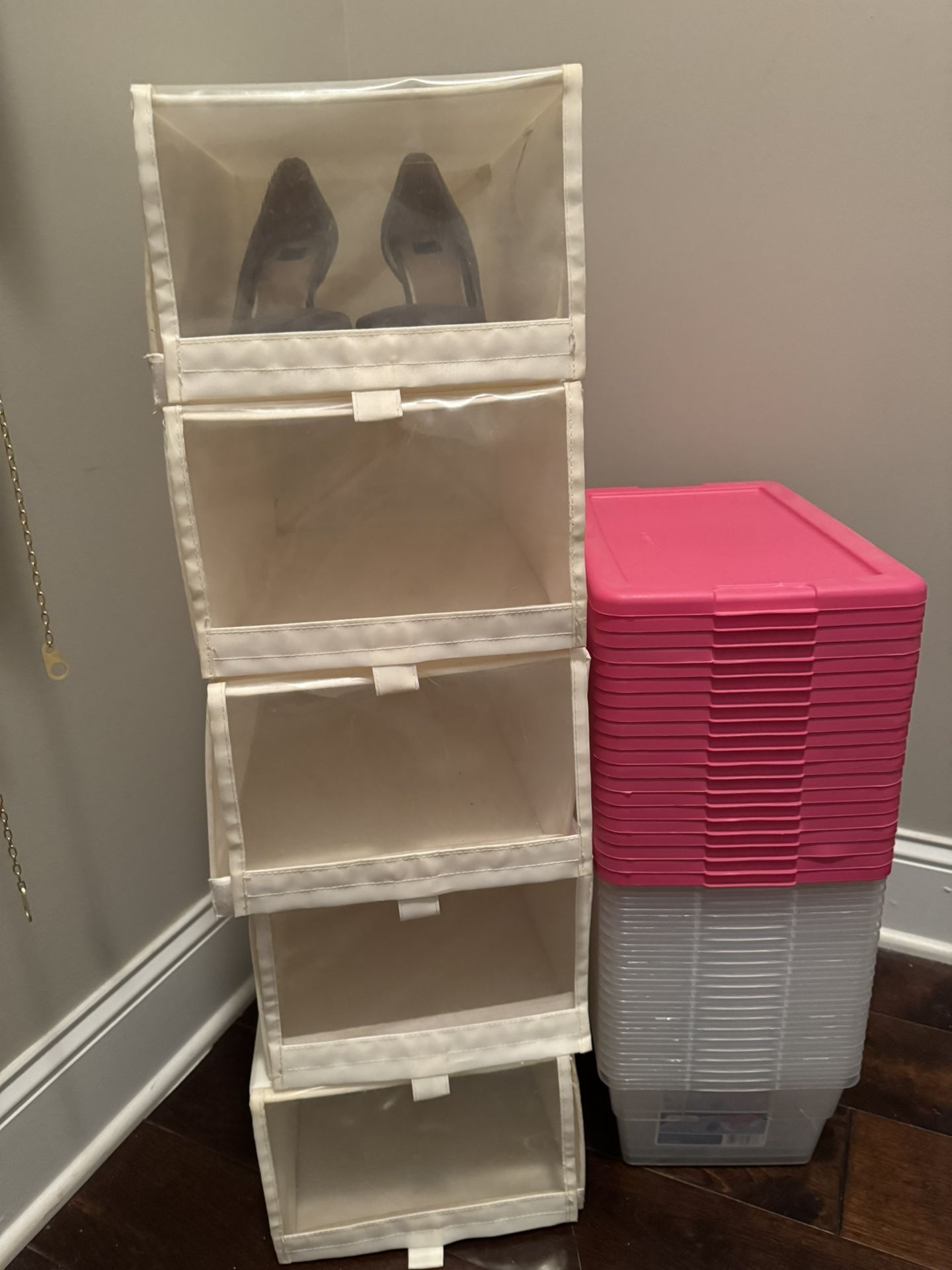 5 Stackable Shoe Boxes and 20 plastic Shoe  containers with Lids 