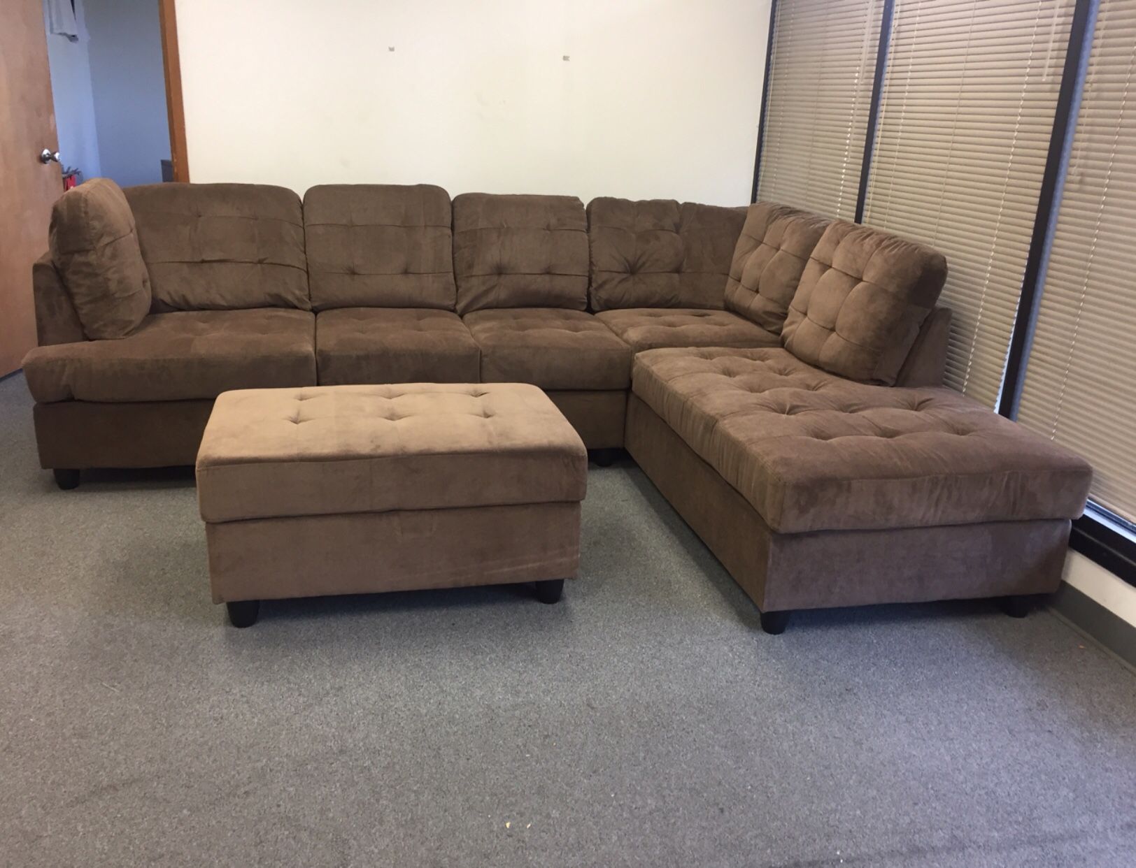 Brand New Brown Chenille Sectional Couch With Storage Ottoman And Pillows. Can Deliver Today!