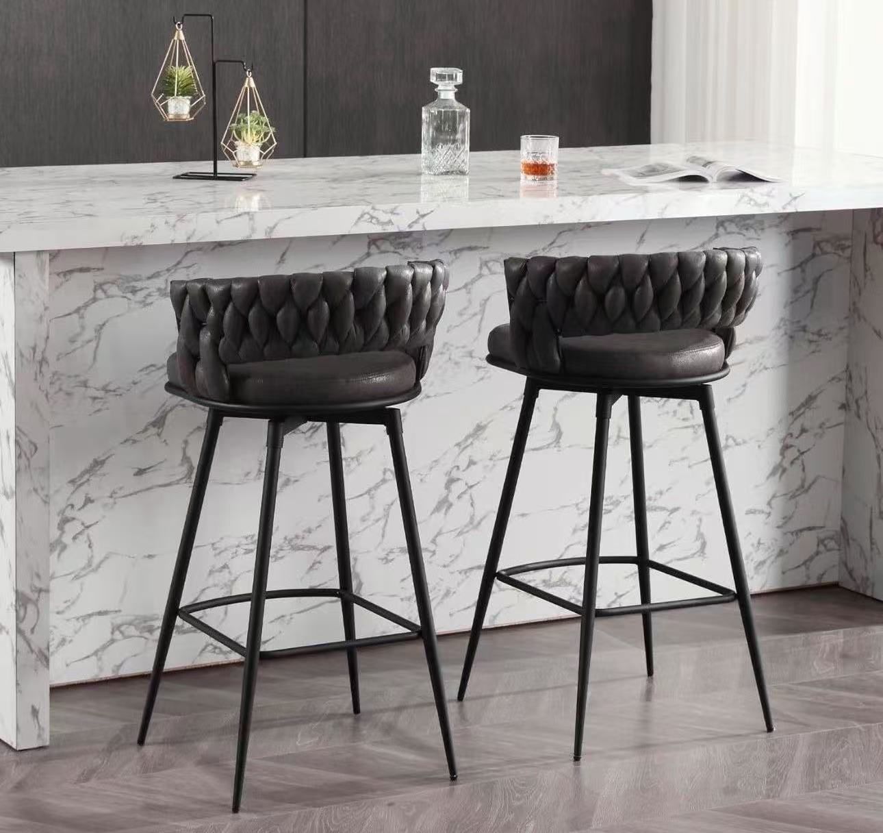 Modern Bar Stools Set of 2, 30" Bar Height Barstools, 180° Swivel Suede Fabric Stool Chairs with Woven Back and Footrest for Kitchen Island, Cafe, Pub